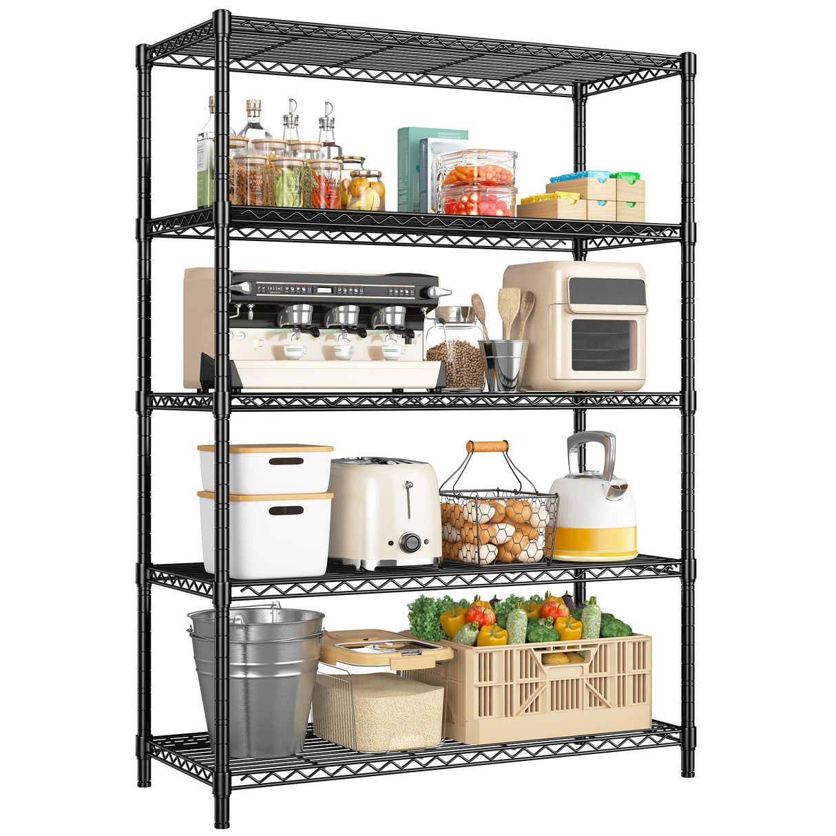 5 Tier Storage Shelves 71" H Wire Shelving Adjustable Metal Shelving,1000LBS Pantry Shelves Sturdy Steel Wire Shelf for Kitchen Commercial Pantry Garage Warehouse,71" H X35.5 W X13.8 D, Black Romorgniz