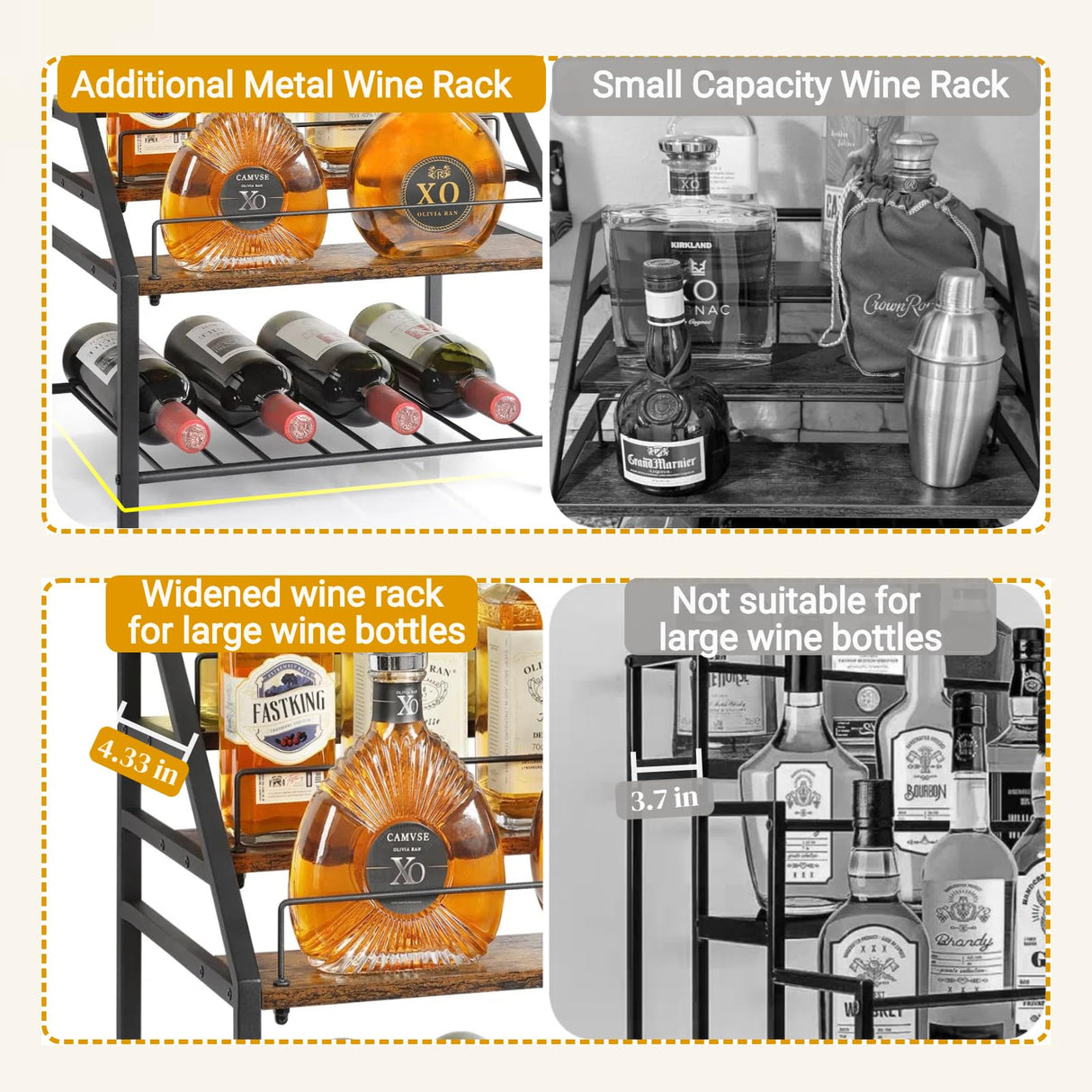 VINAEMO Wine Racks Countertop, 3-Tier Liquor Bottle Display Shelf, Coffee Syrup Organizer, Small Wine Rack, Wine Bottle Holder for Whiskey Bar, Retro Bar Shelves for Home Bar VINAEMO