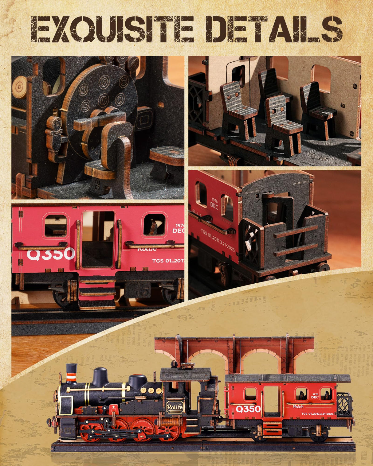 Rolife 3D Wooden Puzzle for Adults, DIY Wood Model Train Sets, Mechanical Vehicle Model Building Kits-Brain Teaser Puzzle Toys with 365 Pcs-Creative Birthday for Kids Rolife