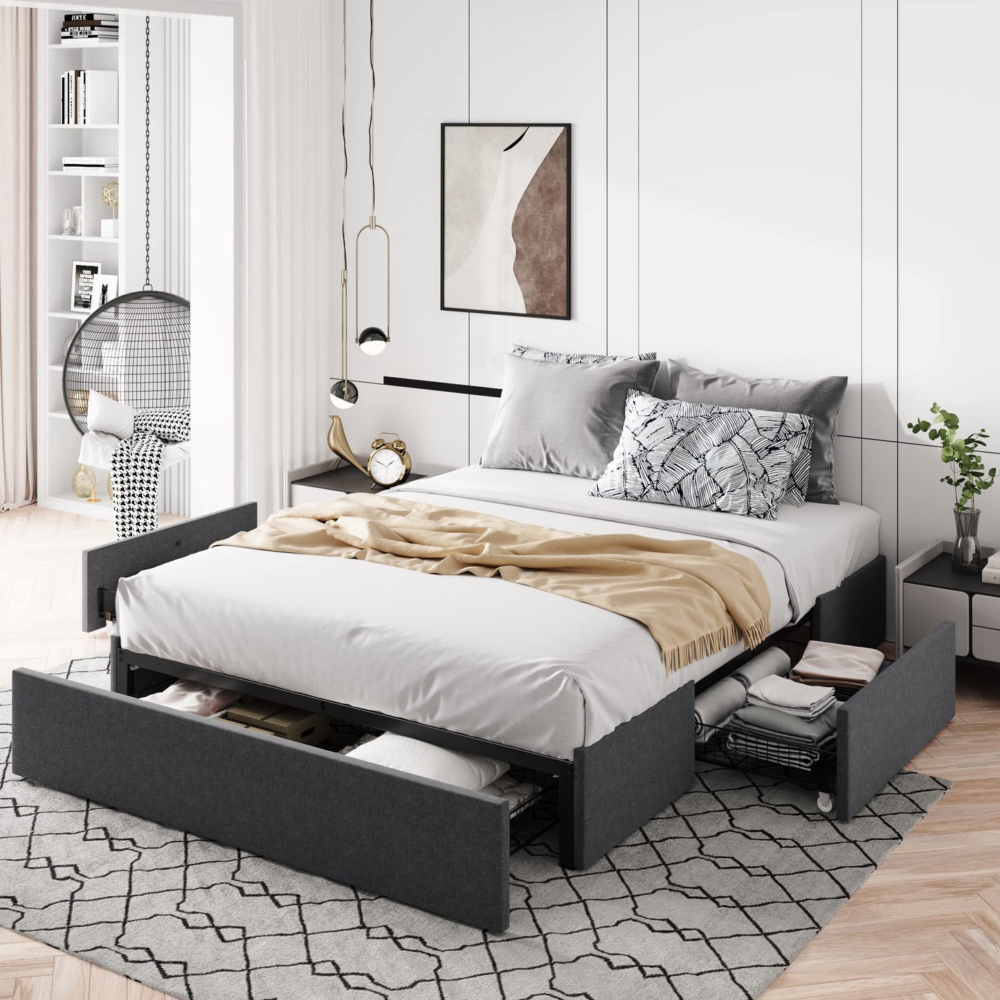 Allewie Queen Size Platform Bed Frame with 3 Drawers - Modern Grey Upholstered Design, No Box Spring Required - WoodArtSupply