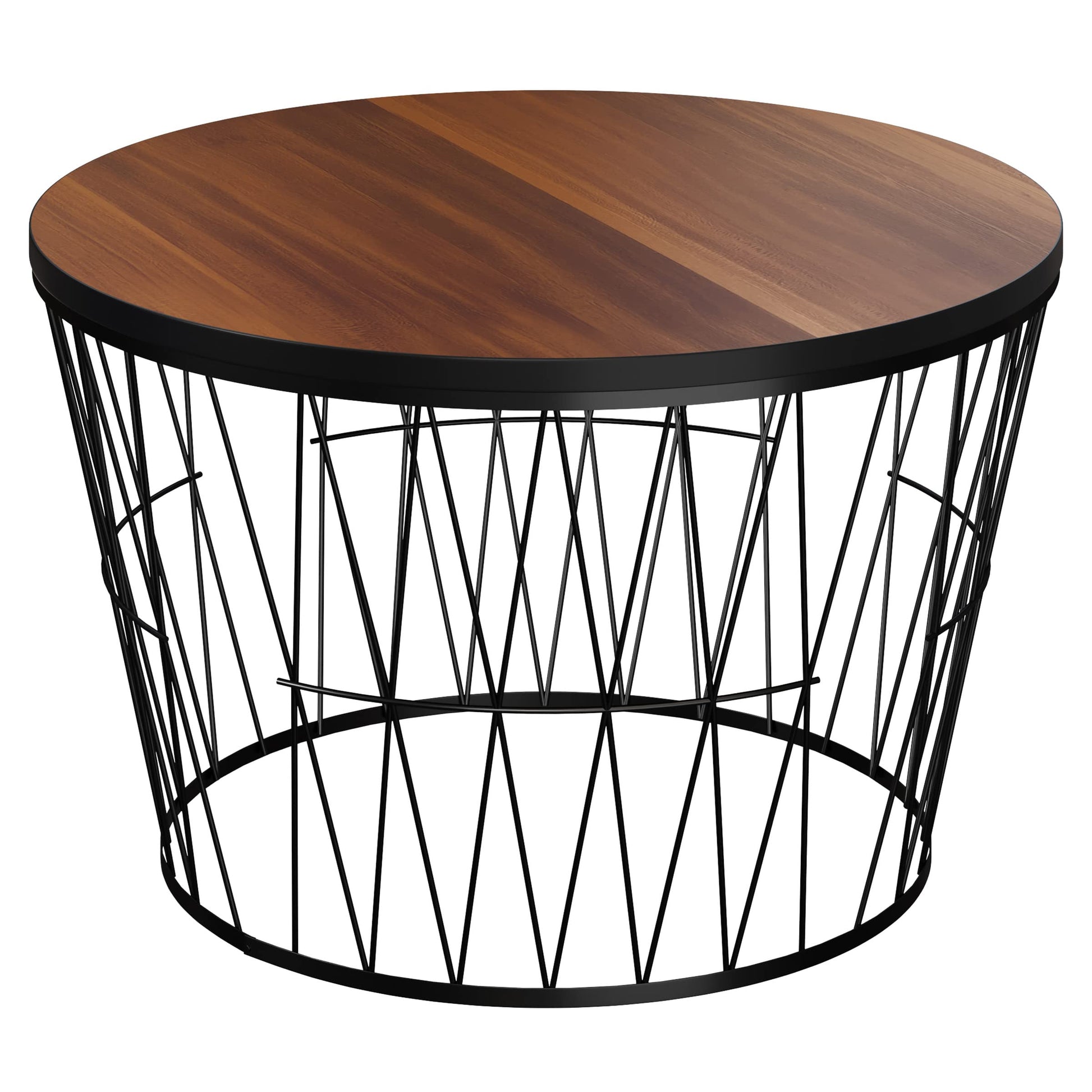 Lavish Home Mid-Century Round Coffee Table with Geometric Metal Base-Small Modern Accent for Living Room, 23.5", Brown Walnut & Black - WoodArtSupply