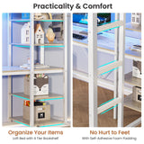 MSmask Loft Bed Twin Size with L Shaped Desk, LED Lights, Charging Station, Heavy Duty Metal Loft Bed Frame with 6 Storage Shelves, Safety Guard & Ladder, No Box Spring Needed, No Noise, White MSmask