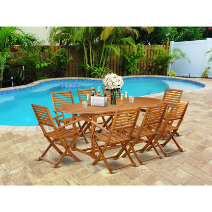 East West Furniture BSBS9CANA Beasley 9 Piece Patio Bistro Dining Furniture Set Includes an Oval Outdoor Acacia Wood Table and 8 Folding Arm Chairs, 36x78 Inch - WoodArtSupply