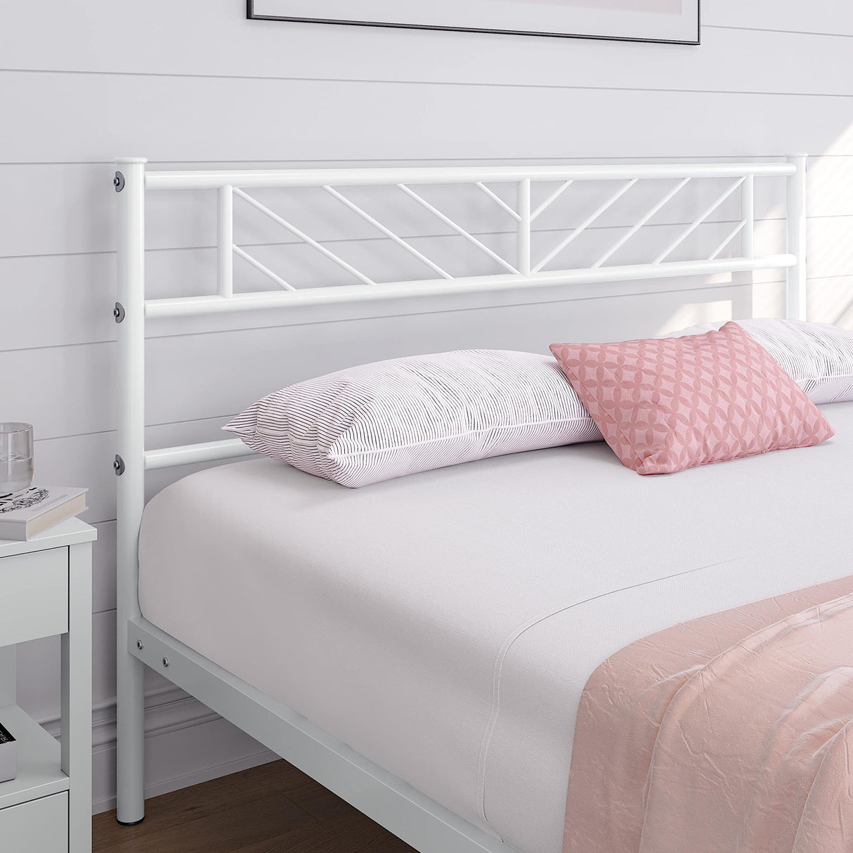 Yaheetech Full Size Platform Bed Frame with Arrow Design Headboard, 13 Inches Metal Mattress Foundation for Storage, No Box Spring Needed, Easy Assembly, Modern, White Yaheetech