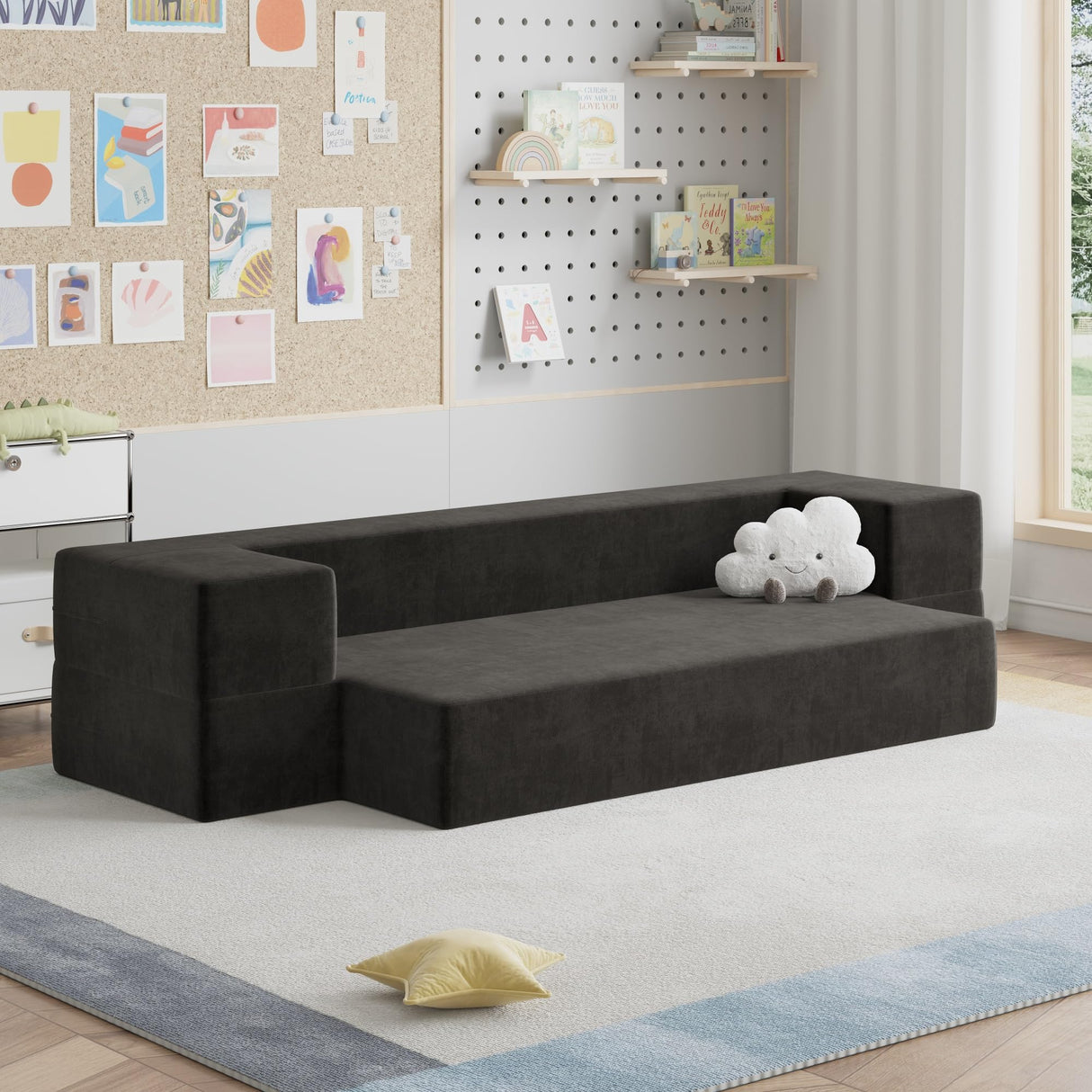 Luoxiao Folding Sofa Bed 2-in-1 Convertible Twin Sleeper Sofa Futon with 2 Pillows - Floor Couch & Bed Mattress for Apartments, College Dorms, Guest Room, Living Room, Dark Grey Luoxiao