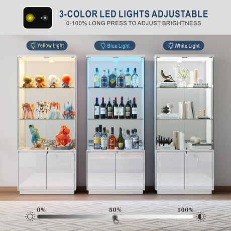 HNEBC 71'' Display Cabinet with Glass Doors&3 Color Lights&Lockable for Bedroom White,High Gloss Curio Cabinet with Adjustable Glass Shelf 3-Tier Bookcase for Living Room HNEBC