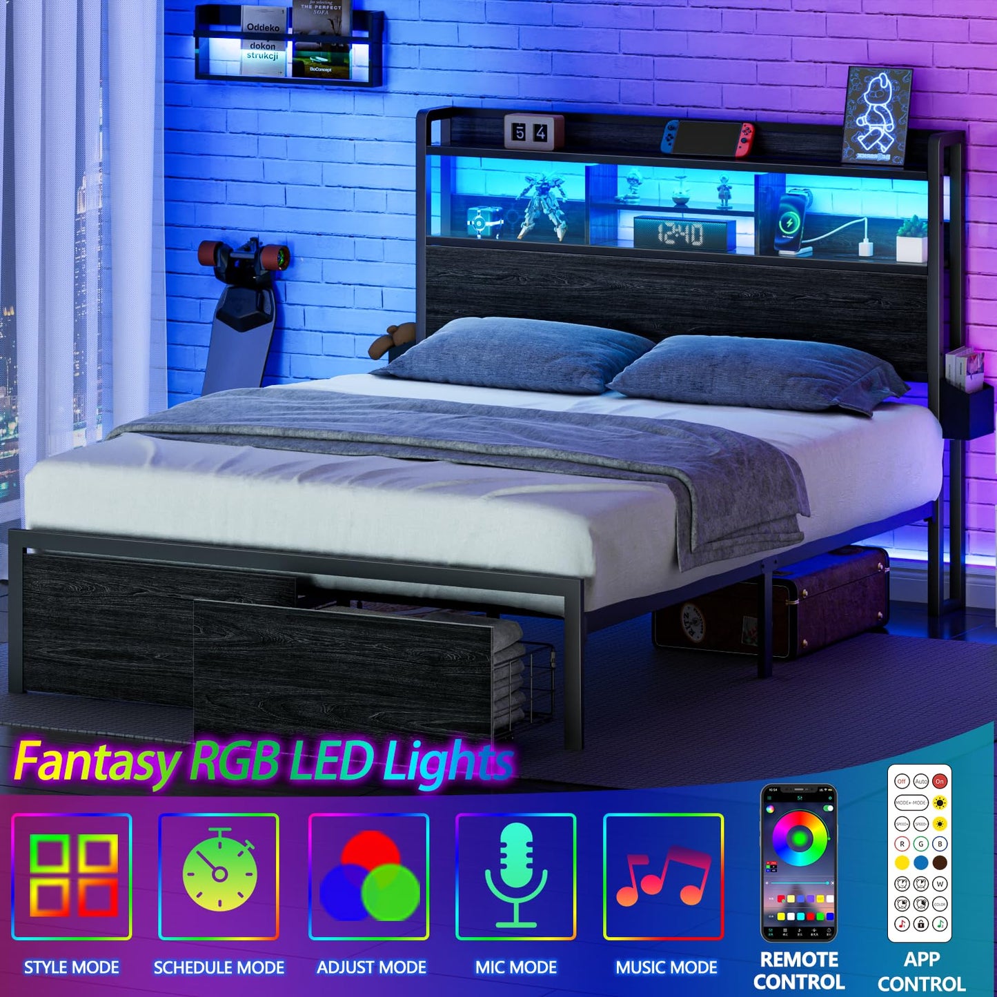 Furnulem Queen Bed Frame with Wood Headboard, Storage Drawers, LED Lights and Charging Station - Black - WoodArtSupply