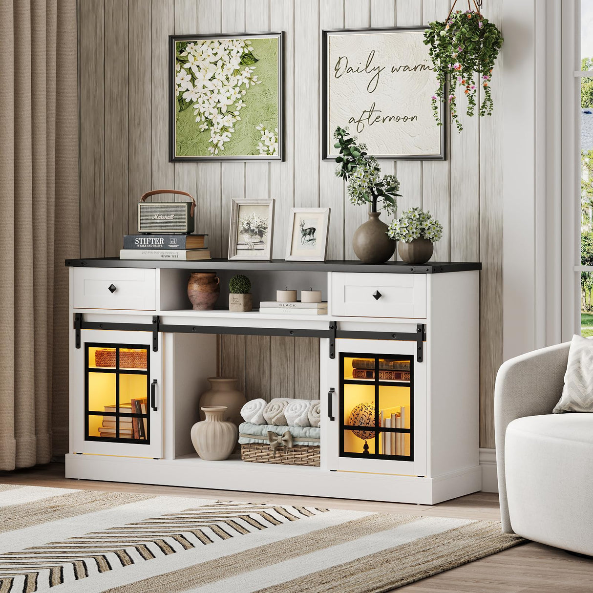 Maupvit TV Stand for Televisions 65 Inch with Sliding Barn Doors, Media Entertainment Center Storage Cabinet, Adjustable Led Light Modern Table, White Maupvit