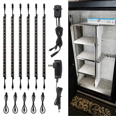 TORCHSTAR LED Safe Lighting Kit, (6) 12 Inch Linkable Light Bars + Motion Sensor + UL Power Adapter, 900LM, Input 100-240V, for Under Cabinet Gun Safe Locker Closet Showcase, 5000K Daylight TORCHSTAR