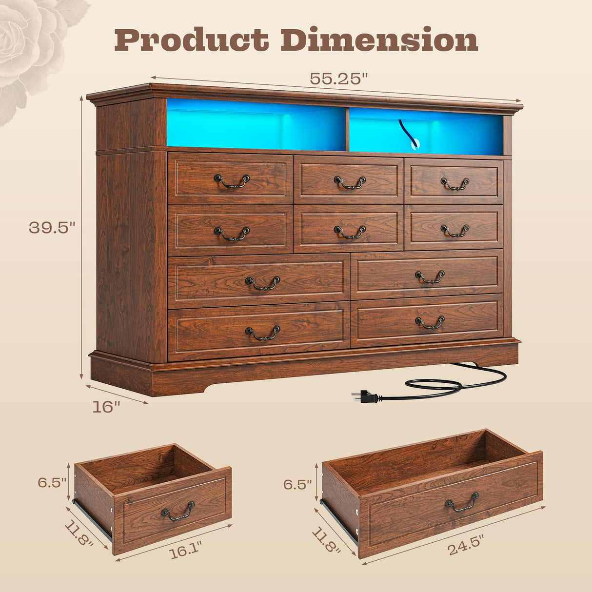 Romorgniz 10 Drawer Brown Dresser for Bedroom, Large Farmhouse Dresser with LED Lights & Charging Station for Bedroom Romorgniz