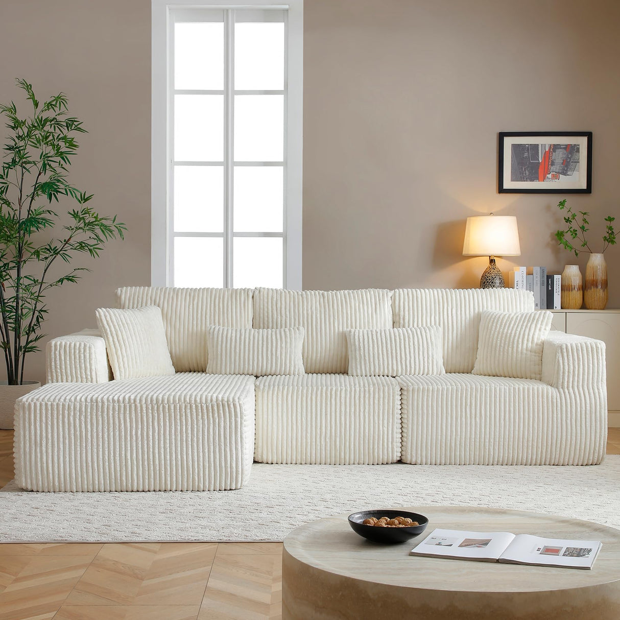 HYJT-H&K Modular Sectional Sofa Cloud Sectional Couch, 107" Comfy Fluffy L Shaped White Couches for Living Room, Deep Seat Memory Foam Plush Corduroy Boneless Couch Sectionals Left Facing Chaise Sofa HYJT-H&K