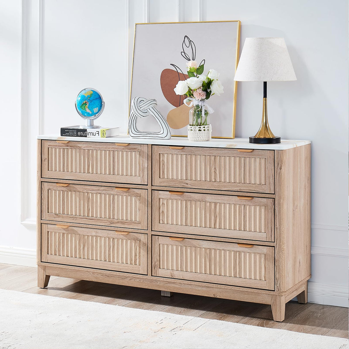 6 Drawers Dresser for Bedroom, 54" Large Storage Dresser, Farmhouse Wood Dressers with Faux Marble Top, Modern Dressers & Chests of Drawers for Living Room Entryway, Fluted Curved Profile, Natural Oak GIAJORYA