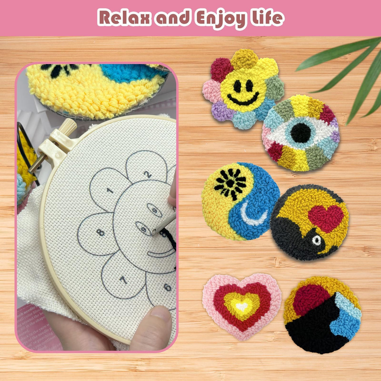 SEREDH Punch Needle Coasters Kit for Beginners Adults Easy Needle Punch Embroidery Kit Set Threader Instruction Fabric Hoop Yarn Tufting Coaster DIY Making,Coaster Holder Coaster Art Craft Supplies SEREDH