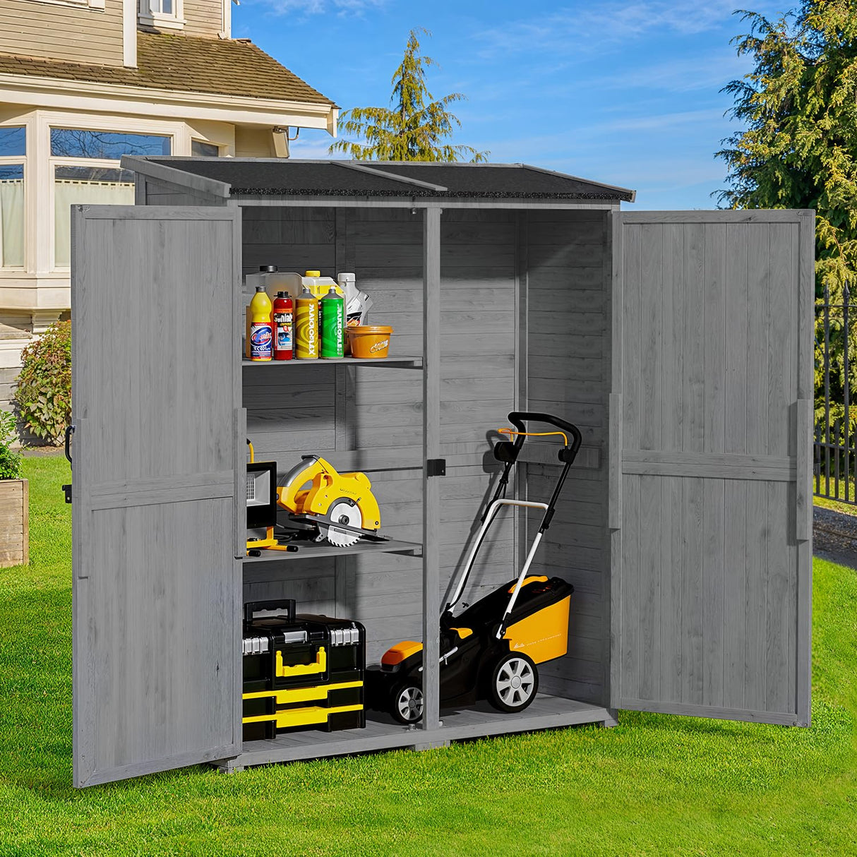 Gizoon Outdoor Storage Cabinet with Waterproof Roof, Double Lockable Doors Garden Shed with 2 Removable Shelves, Wooden Storage Shed with Large Storage Space for Patio, Garden, Backyard, Lawn, Grey Gizoon