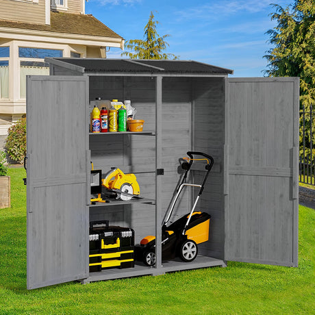 Gizoon Outdoor Storage Cabinet with Waterproof Roof, Double Lockable Doors Garden Shed with 2 Removable Shelves, Wooden Storage Shed with Large Storage Space for Patio, Garden, Backyard, Lawn, Grey Gizoon