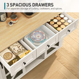 RALGEND Kitchen Island with Storage, Kitchen Cart with Charging Station, Rolling Kitchen Island Table with Drop-Leaf, 3 Drawers, Barn Doors, Towel Rack and Spice Rack, White and Natural RALGEND