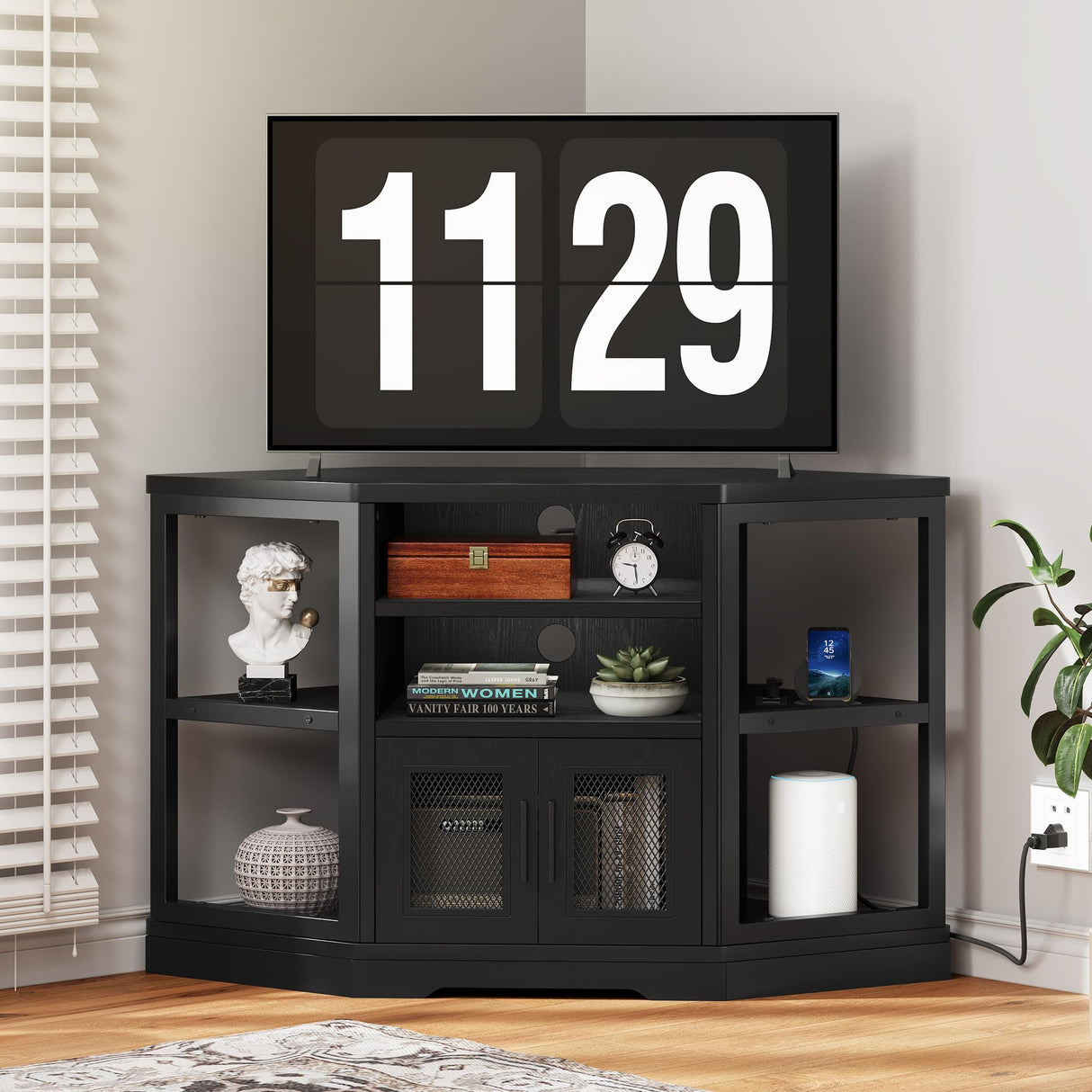 DWVO Farmhouse Corner TV Stand for Living Room, TV Stand for 55 Inch TV, Entertainment Center with Storage and Power Outlet, TV Console Cabinet, Black DWVO