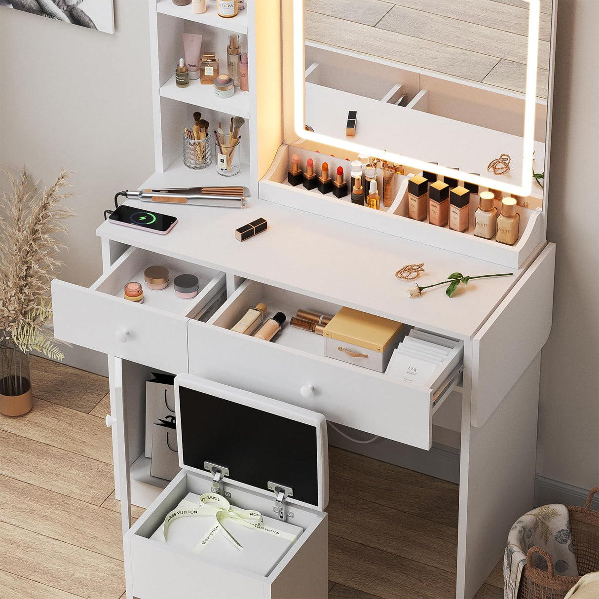 Haewon Makeup Vanity Desk with Mirror and Lights, White Vanity Table with Power Outlet and 3 Lighting Modes, Dressing Table Set with Cabinet Drawers Shelves and Storage Stool for Bedroom Haewon