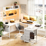 Tioutbot U Shaped Computer Desk with Drawers, 78.7" Reversible Home Office Desk with Monitor Stand and LED Lights, Bedroom Game Table with Hutch, Storage Shelves and Power Outlets, 4 Drawers - White Tioutbot