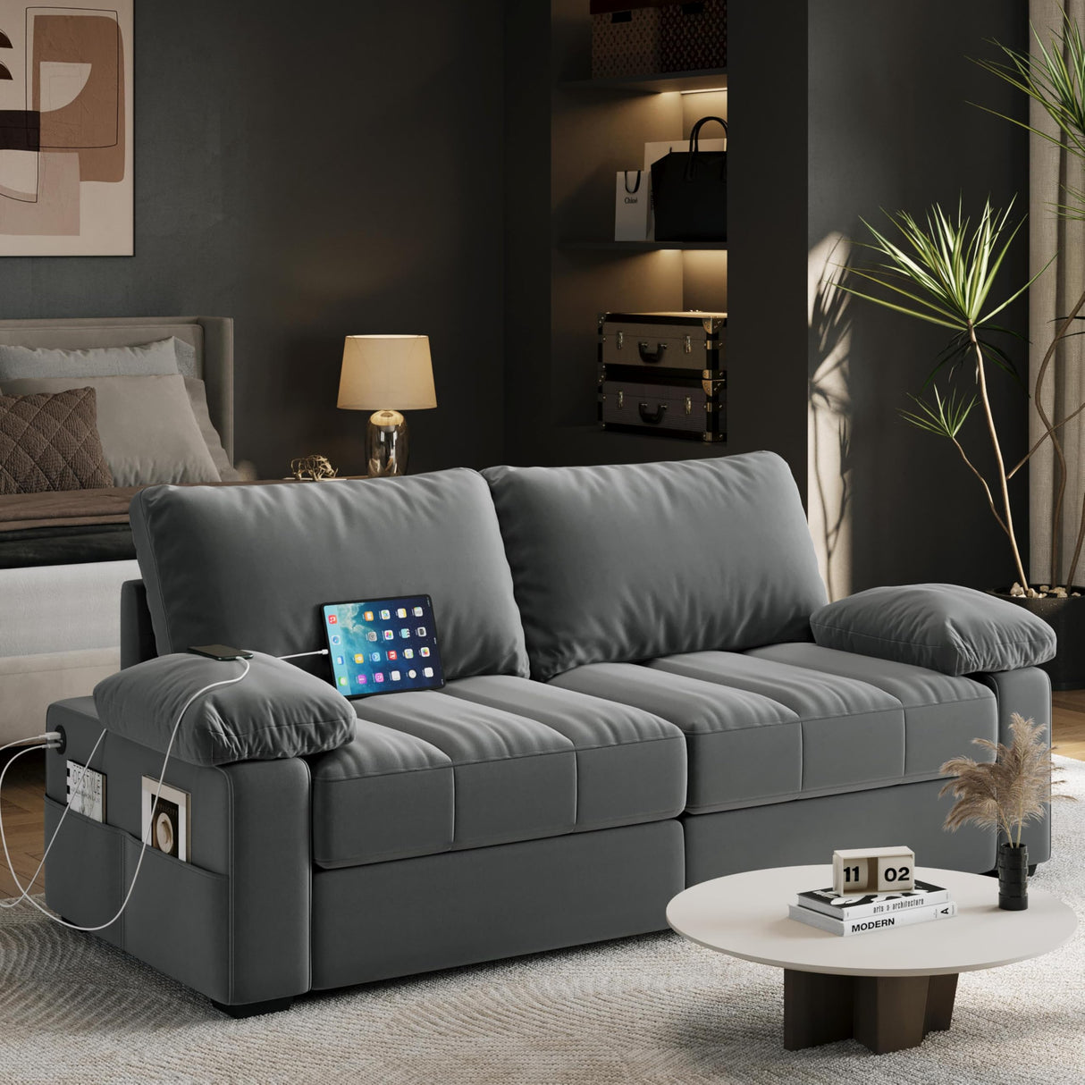 Yaheetech 79" Sofa Couch Modern Velvet Couch with Removable Covers & USB Ports Oversized Loveseat Sofas with Storage Pockets for Living Room Bedroom Apartment Gray Yaheetech