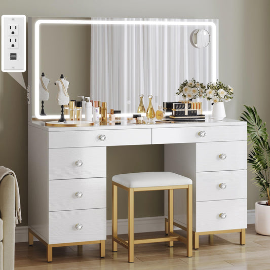 YITAHOME Vanity Desk with Mirror, Power Outlet and Magnifying Glass, Makeup Table with 8 Drawers, 3 Lighting Colors, for Bedroom and Dressing Areas, White - WoodArtSupply