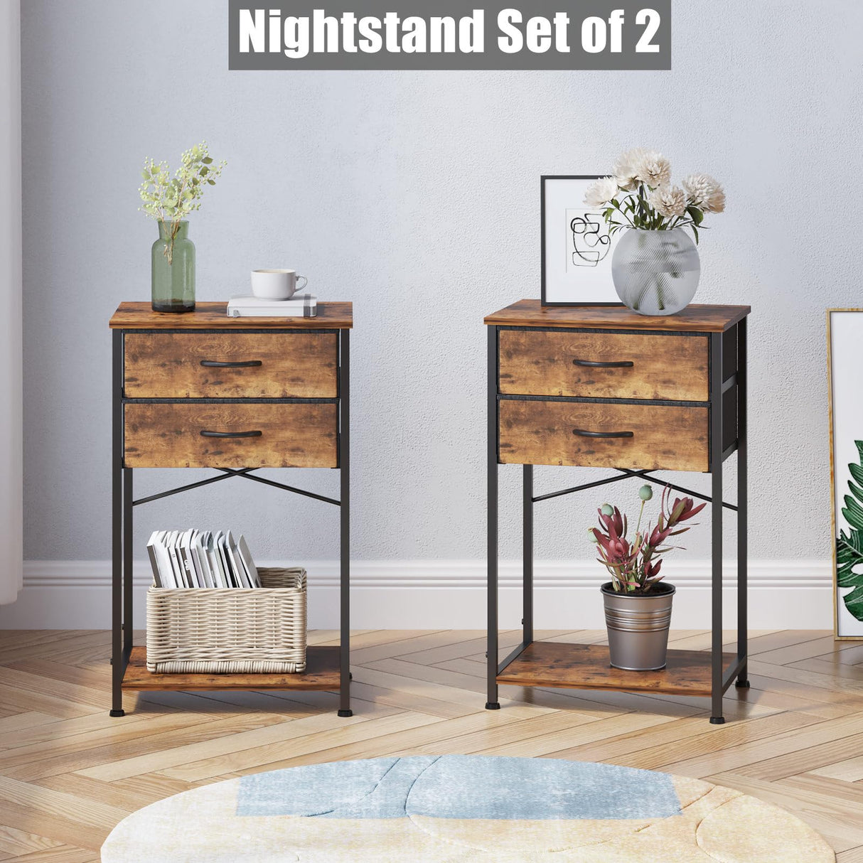 VonDream Nightstands Set of 2, End Table with Fabric Storage Drawer and Open Wood Shelf, Bedside Furniture with Steel Frame, Side Table for Bedroom, VonDream