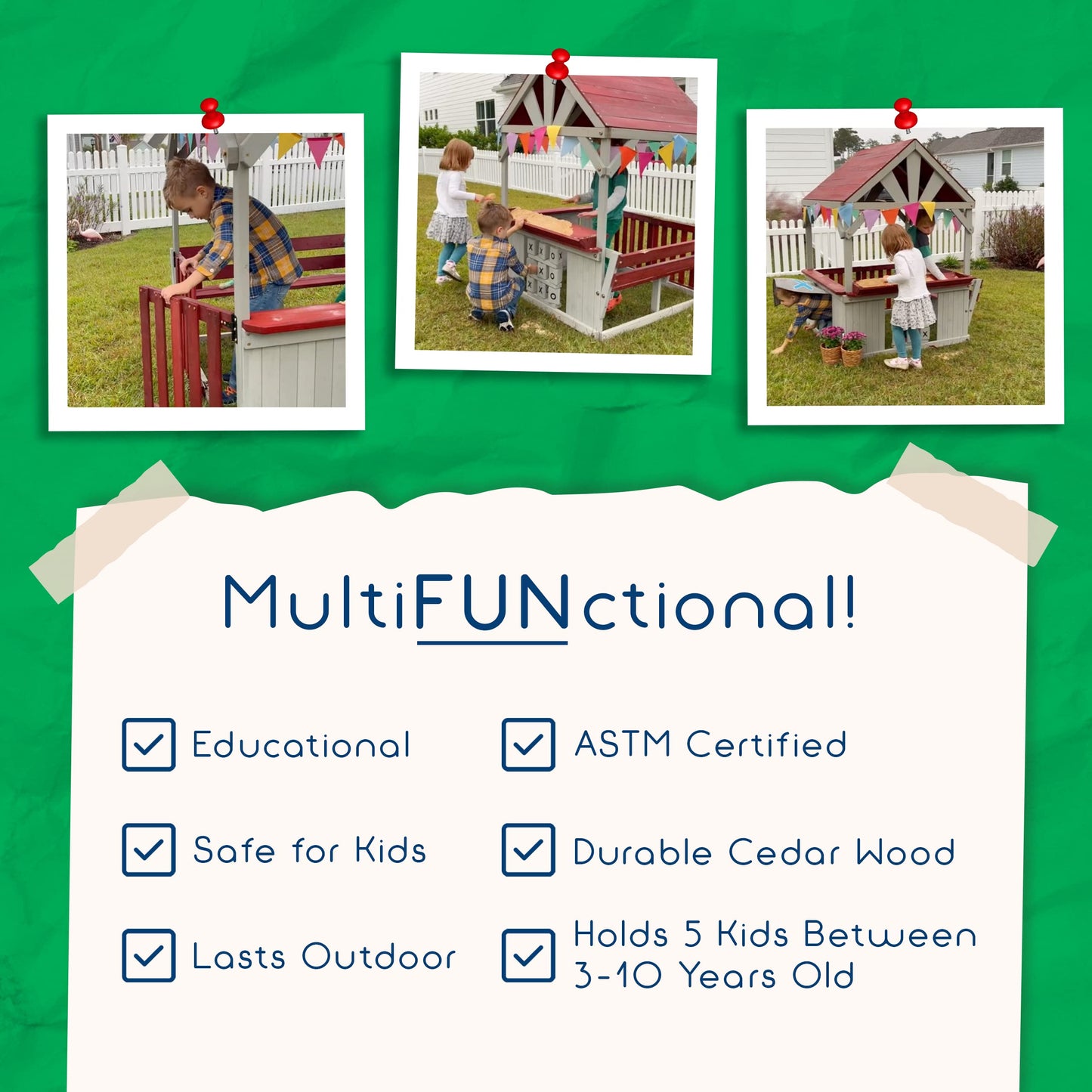 Wooden Playhouse for Kids Outdoor - Funphix Backyard Playhouse with Bench, Sandbox, Tic Tac Toe, Roof, & Doors - ASTM Certified & Easy to Assemble - WoodArtSupply