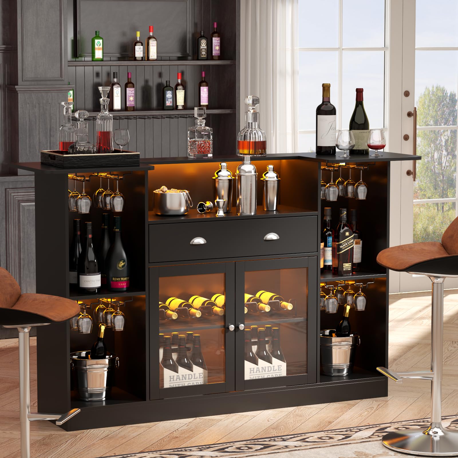 Loomie Crescent-Shaped LED Bar Cabinet with Drawer & Adjustable Wine Rack - WoodArtSupply