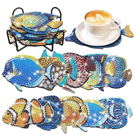 YLOLUL 10 Pcs Summer Fish Diamond Art Coasters Tropical Fish Shape Diamond Art Kits DIY Coasters with Holder for Beginner Adults Kids Craft Supplies Gift YLOLUL