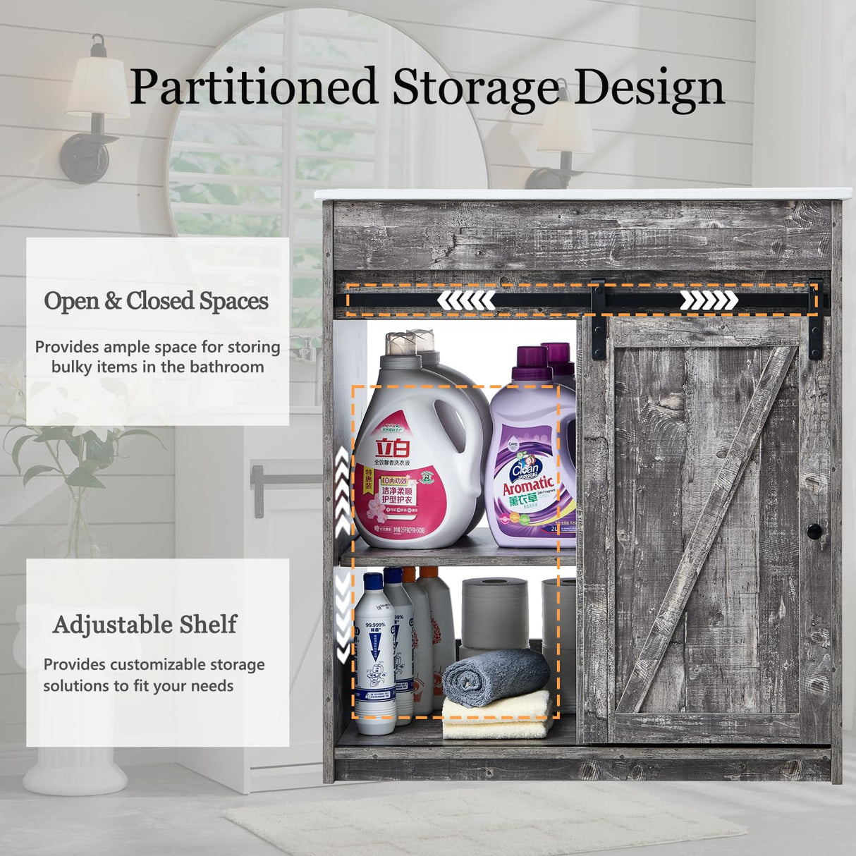 Aitjunz 30" Farmhouse Bathroom Vanity with Sink, Freestanding Bathroom Storage Vanity Cabinet w/Sliding Barn Door & 3 Drawers, Adjustable Shelves, Light Grey Aitjunz