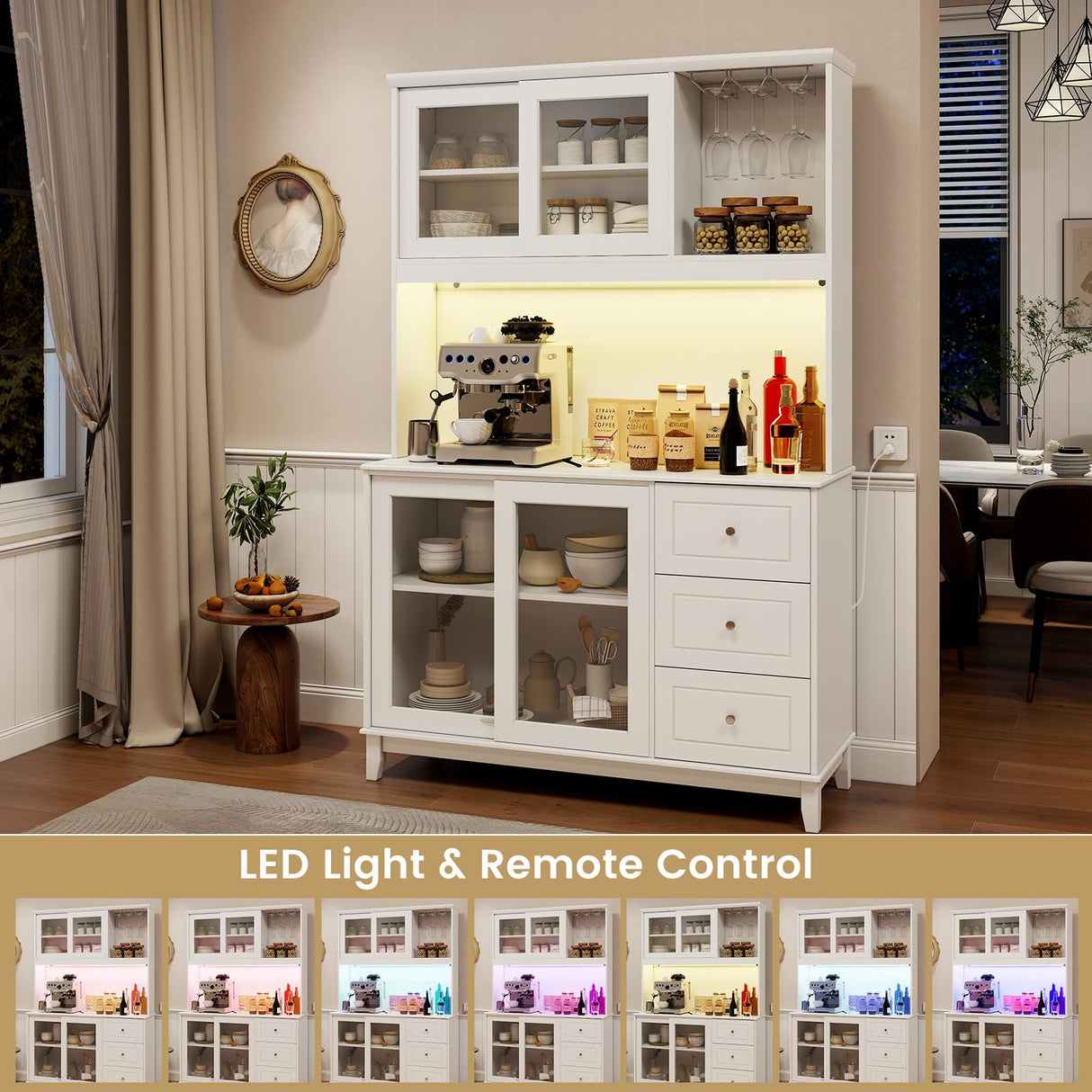 SILKYDRY 73” Kitchen Pantry Storage Cabinet, Buffet Hutch w/Power Outlets & Led Lights, Tall Cupboard w/Wine Glass Racks, Adjustable Shelves, Drawers, Microwave Stand for Dining Room (White) SILKYDRY