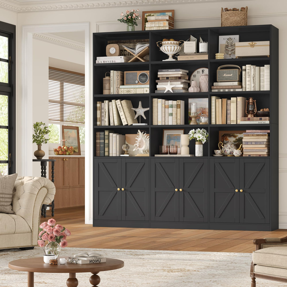 FACBOTALL 75" Triple Wide Bookshelf, Bookshelf and Bookcase with 6 Farmhouse Doors, 71" Wide 6 Tier Book Shelf with 18 Storage Shelves, Large Wooden Bookshelves, Tall Bookcase for Home Office, Black FACBOTALL