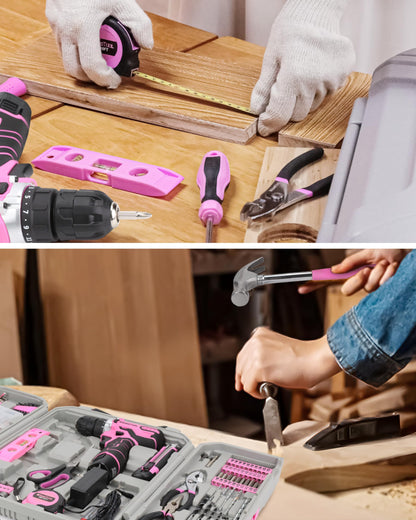 KingTool Home Tool Kit Set - 219 Pieces Pink Tool Kit with 12V Max Power Cordless Drill, Tool Kit for Women, Household Tool Set Kit with Power Drill for Home Office Garden Repair - WoodArtSupply