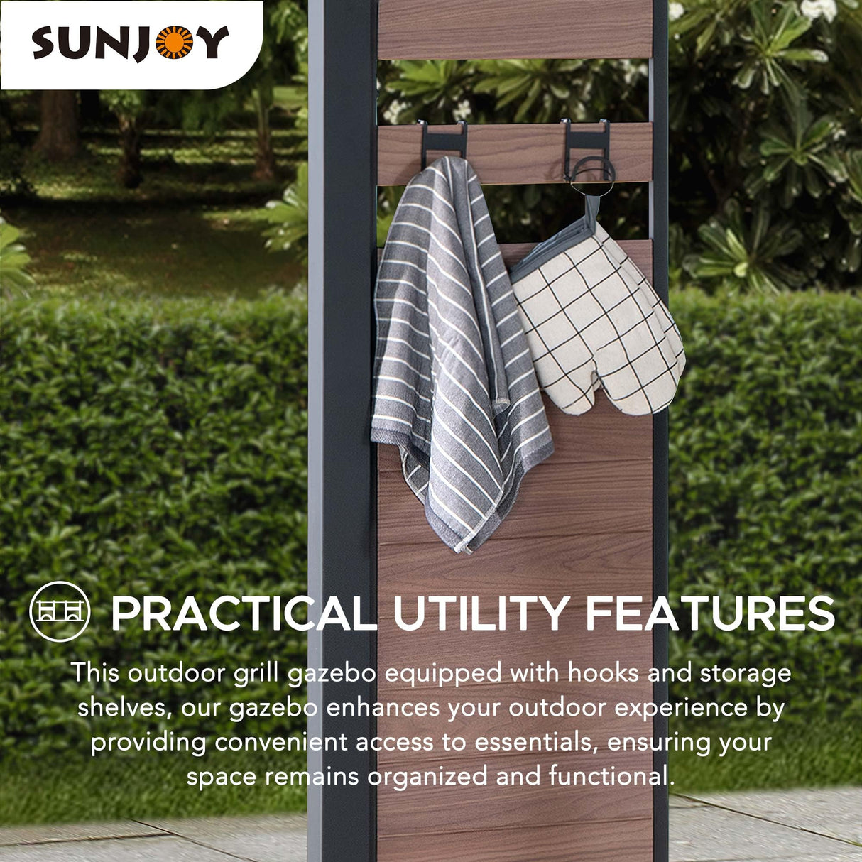 Sunjoy 7 x 9 ft. Grill Gazebo, 2-Tier Hardtop Gazebo Pergola with Ceiling Hooks and Storage Shelves, Matte Black Sunjoy