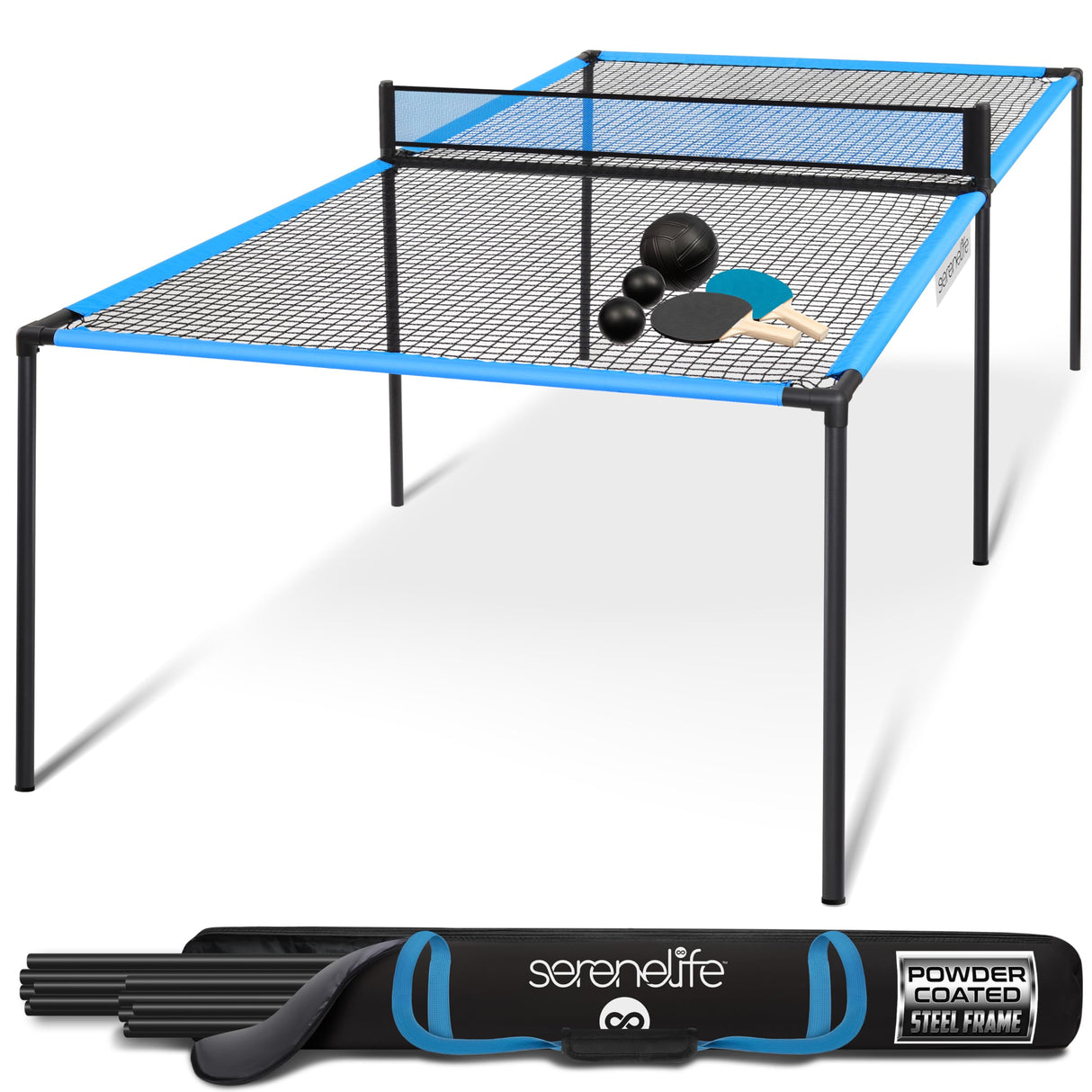 SereneLife Trampoline Ping Pong Table - Heavy Duty Powder Coated Steel Frame and Connectors - Full Size 94" - Hand Pong Game Table with Paddles, Small, Large Balls - Indoor/Outdoor, Beach, Game Room SereneLife