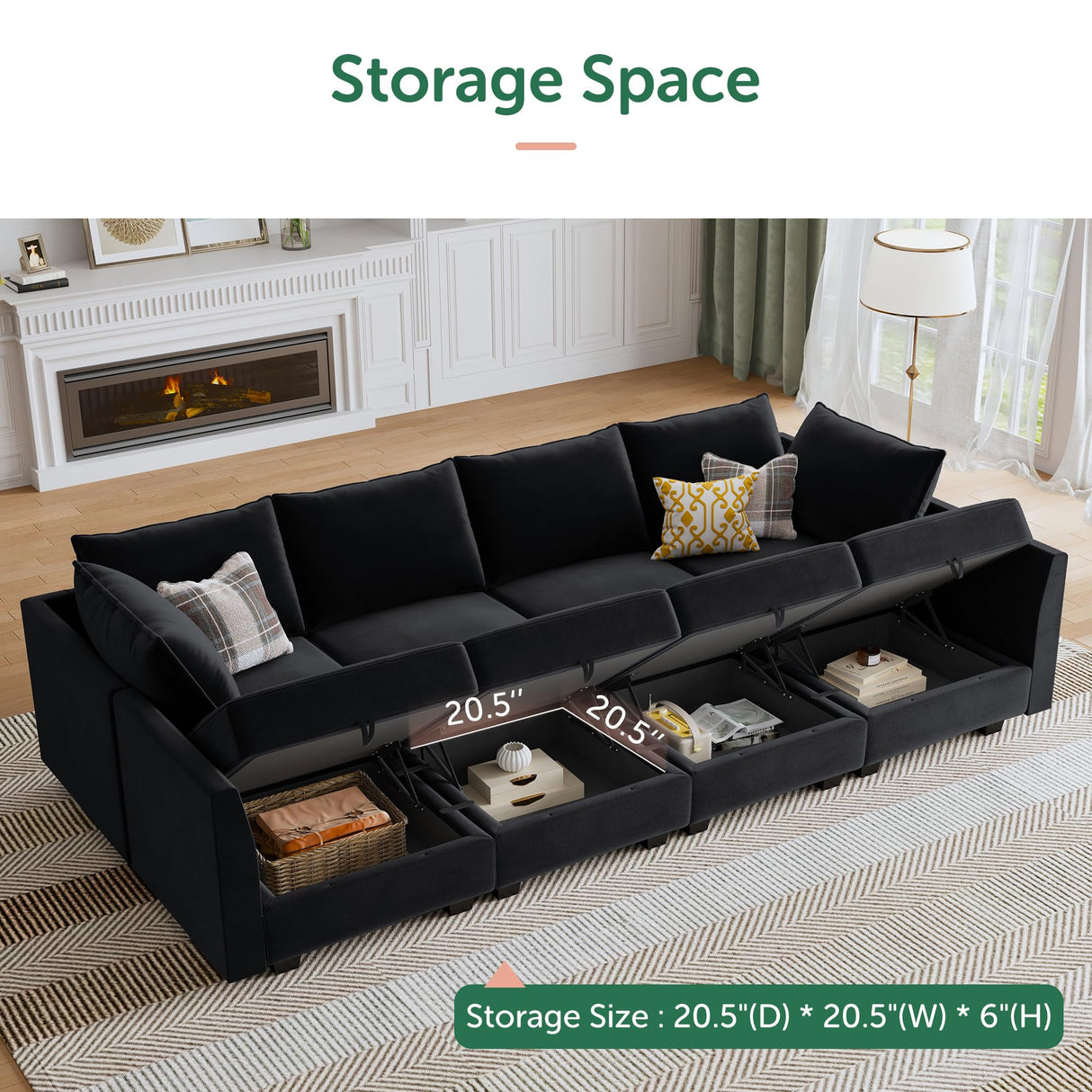 HONBAY Modular Sectional Sleeper Sofa Velvet Sectional Sleeper Couch with Storage Seats Oversized Sectional for Living Room,Black HONBAY