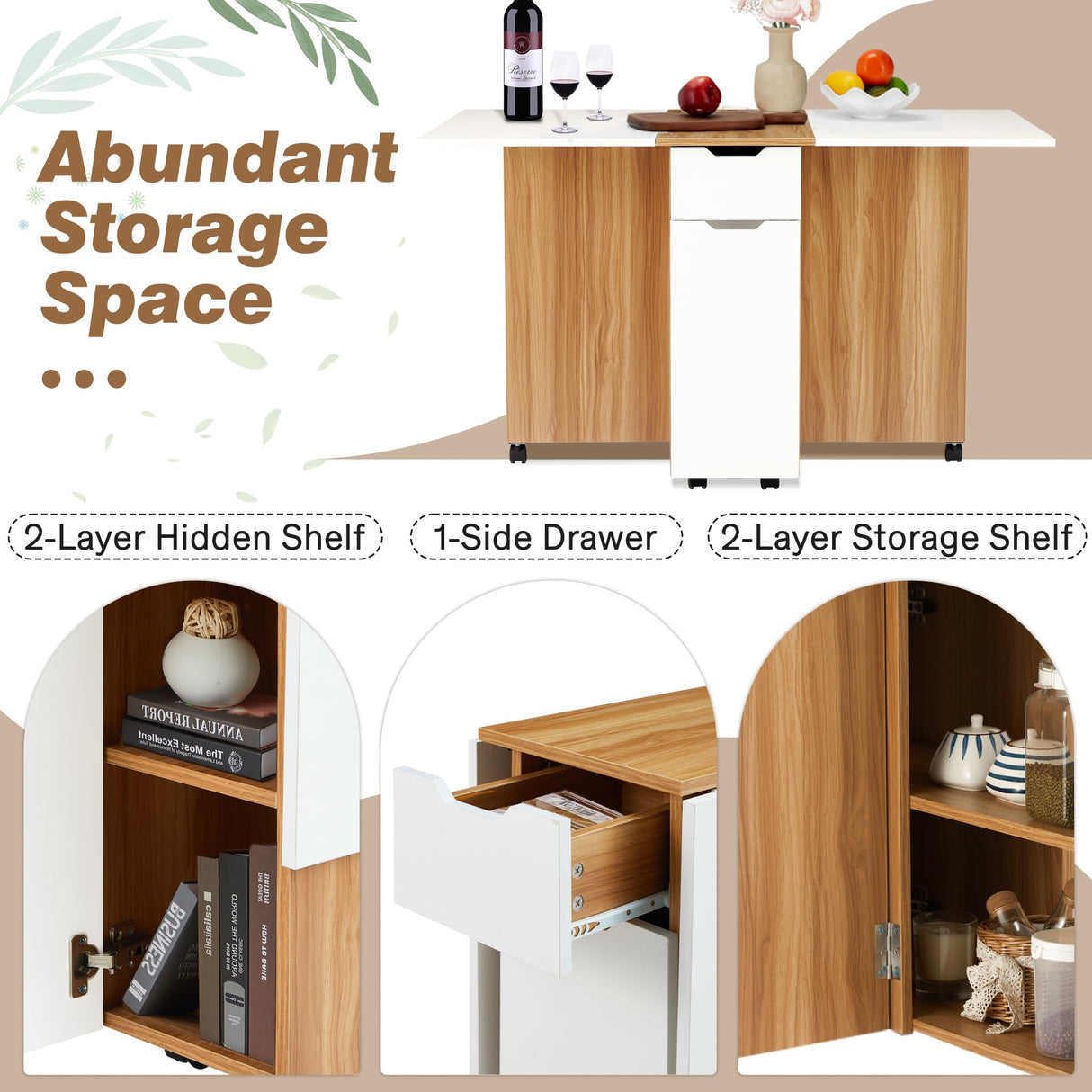 UPHYB Folding Dining Table, Drop Leaf Dining Table with Lockable Wheels, Space Saving Extendable Dinner Table with Storage, Kitchen Table for Small Spaces (White and Wood Grain) UPHYB