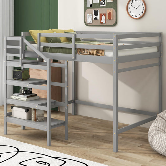 SOFTSEA Grey Full Size Loft Bed with Storage Stairs and Hanger for Kids and Adults - WoodArtSupply