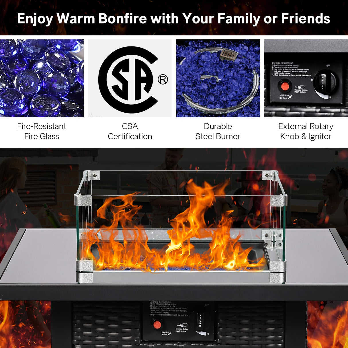 FHFO 5 Piece Outdoor Patio Furniture Set with 28”Gas Fire Pit Table & Ice Bucket Storage Box, Outdoor Wicker Rattan Patio Conversation Set for Outside, Poolside, Balcony, Porch, Yellow-Black FHFO