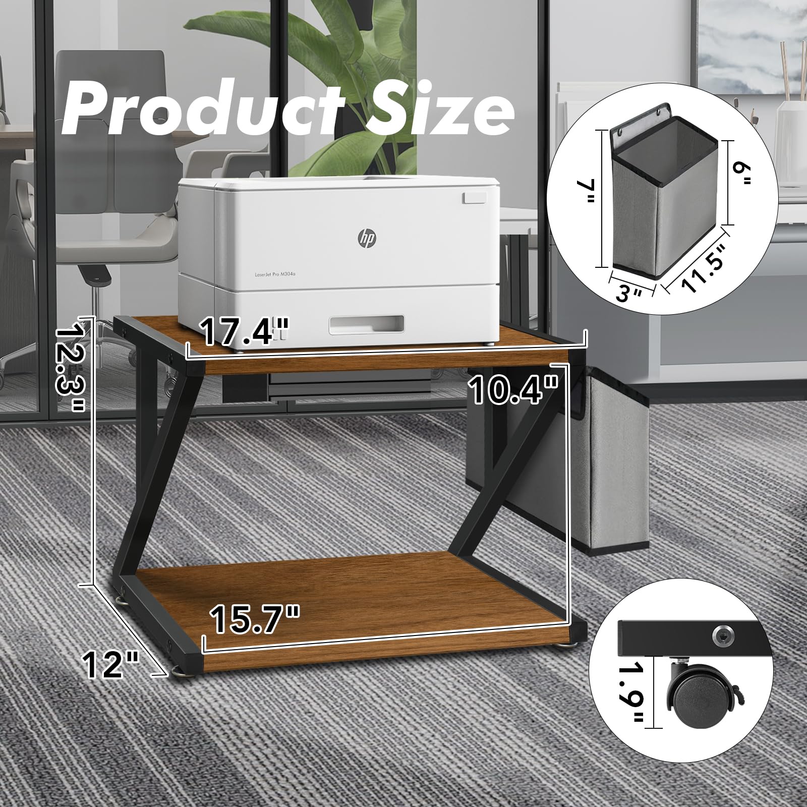 Y&ME YM Desktop Printer Stand with Storage Bag, 2 Tier Organizer , Rustic Wood Table with Adjustable Anti-Skid Pads, Under Desk Printer Shelf for Fax Machine, Scanner, Files - WoodArtSupply