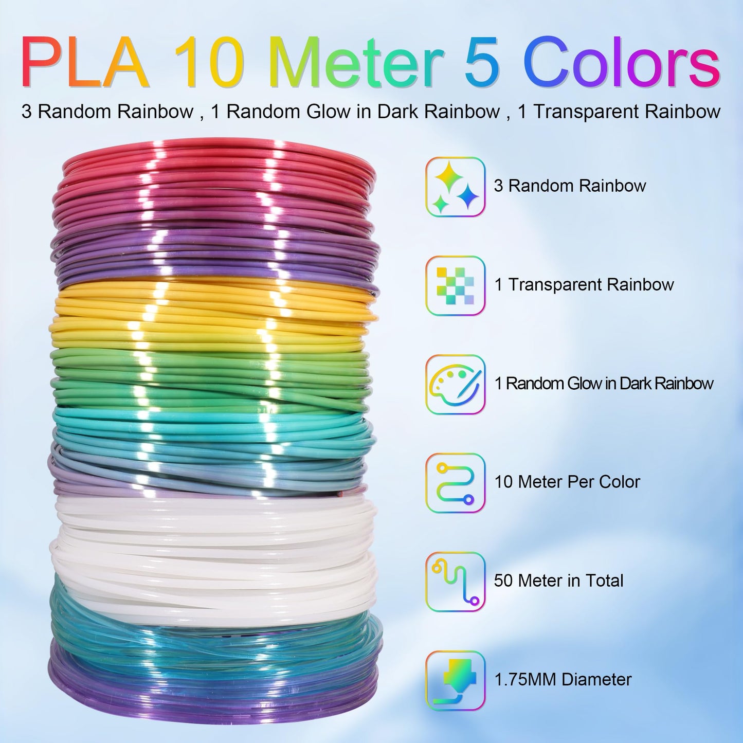 MIKA3D 5 Colors 3D Printing Pen Filament Refill, Each 10m, One Glowing in Dark PLA, One Clear Rainbow PLA, 3 Different Color Silk Rainbow PLA, Total 50m 3D Printer Filament Sample Pack - WoodArtSupply