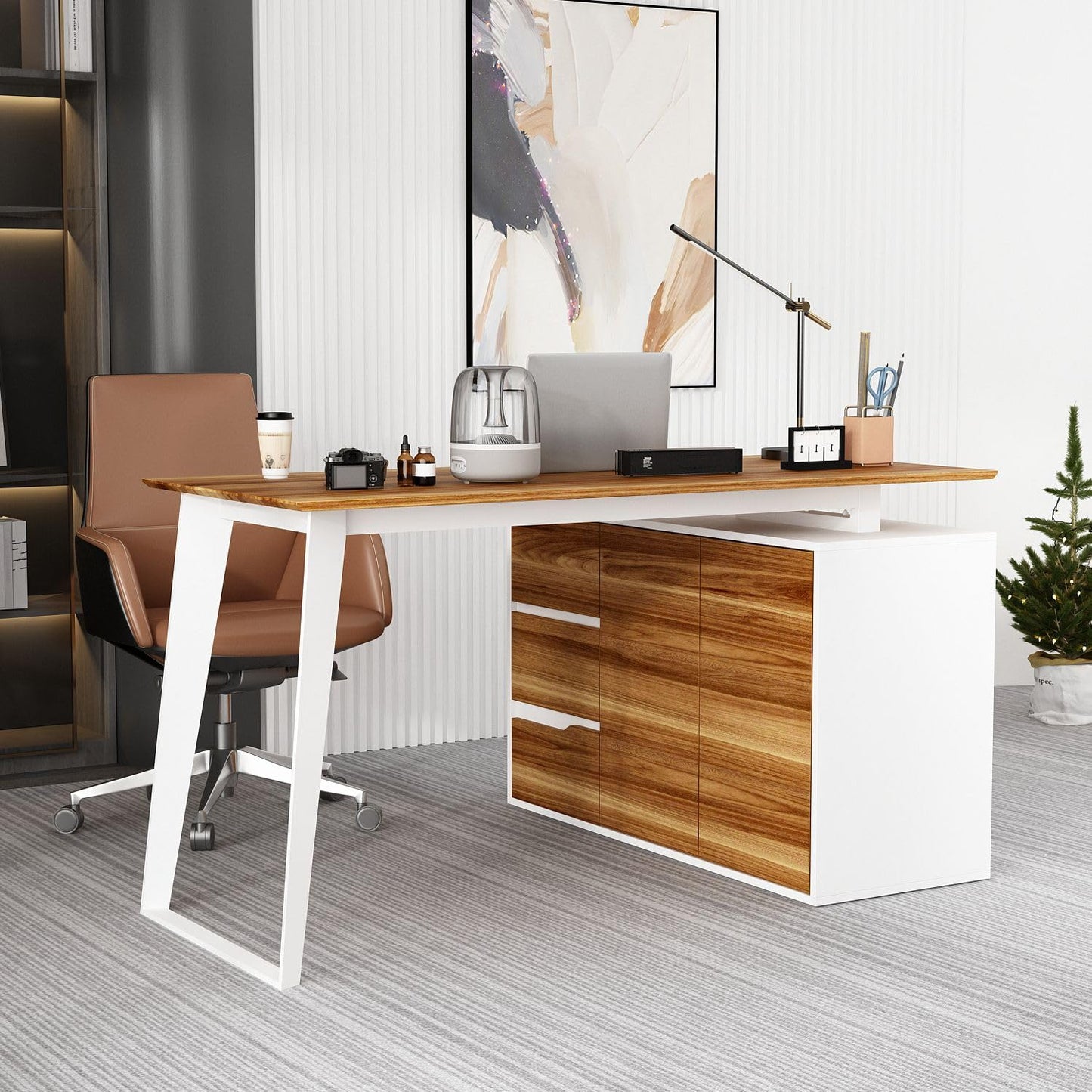 MOUMON Corner Desk Office Desk with Drawers & Pop-Up Doors, Farmhouse Style, L-Shaped Desk with Adjustable Shelves, Executive Desk Walnut and White (54.3”W x 40.9”D x 29.1”H) - WoodArtSupply