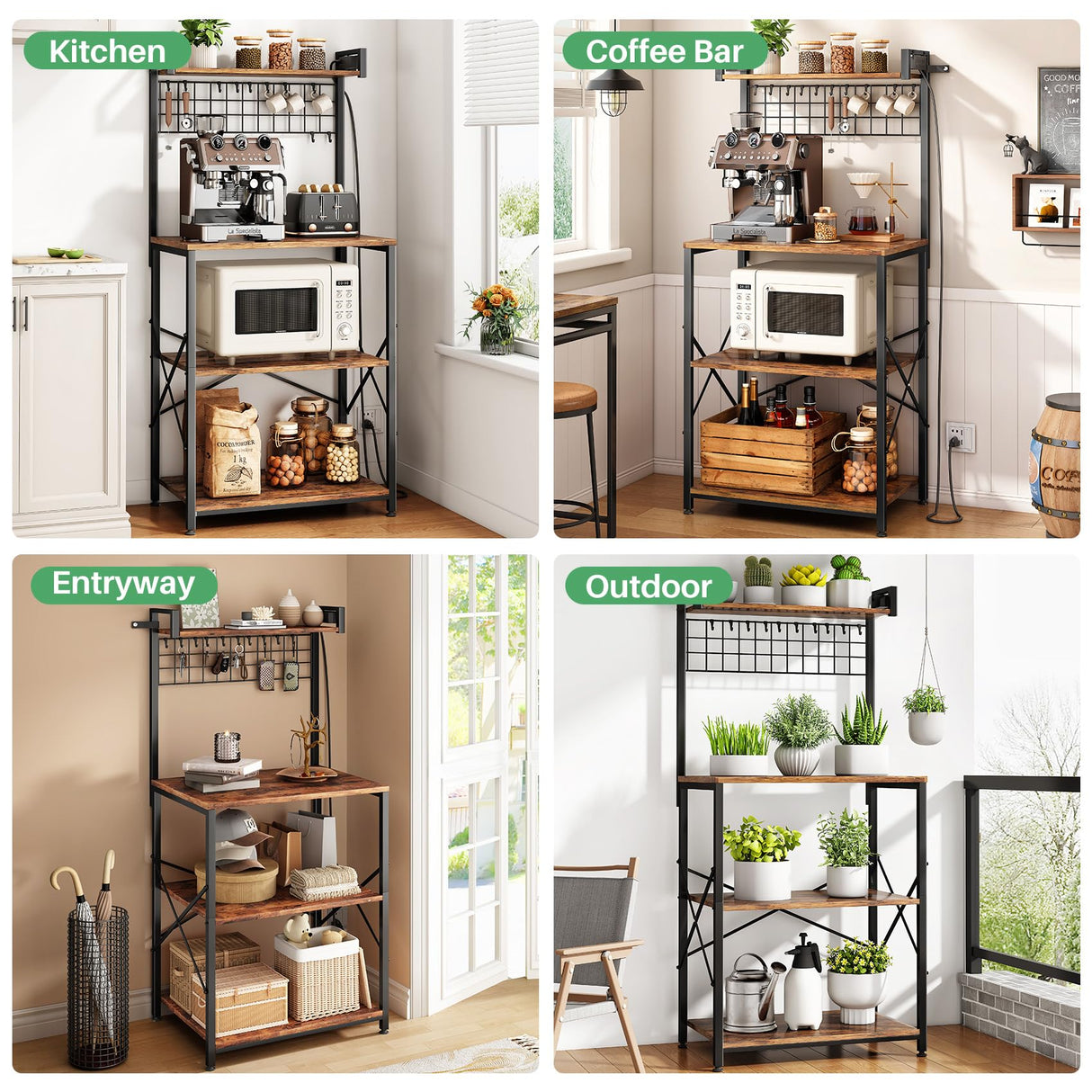 Bakers Rack with Power Outlet, Kitchen Shelves Microwave Stand with Wire Grid and 10 Hooks, 4 Tiers Coffee Stand (Rustic Brown, 23.5 x 15.6 x 52.8 Inches) SNTD
