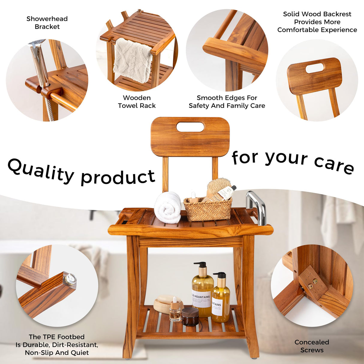 Fun Memories Teak Shower Bench Seat with Handles and Backrest, 19" Solid Wood Shower Stool Waterproof Shower Seat with Storage for Inside Shower Legs Shaving, Seniors Elderly Heavy Duty Fun Memories