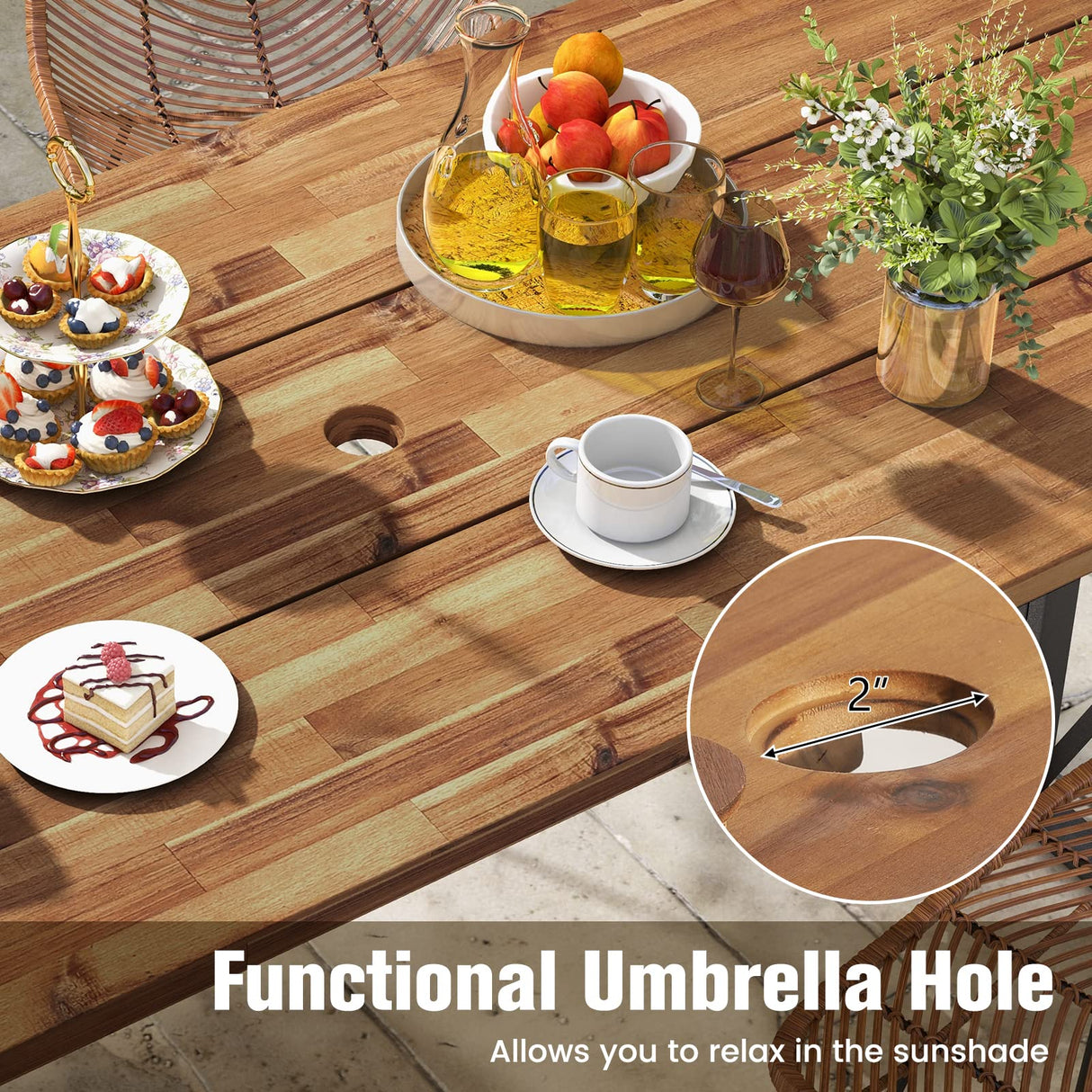 Tangkula 67 Inch Outdoor Dining Table, Acacia Wood Patio Table with 2 Inch Umbrella Hole, Heavy-Duty Metal Frame, Indoor Outdoor Picnic Table for 6 Tangkula