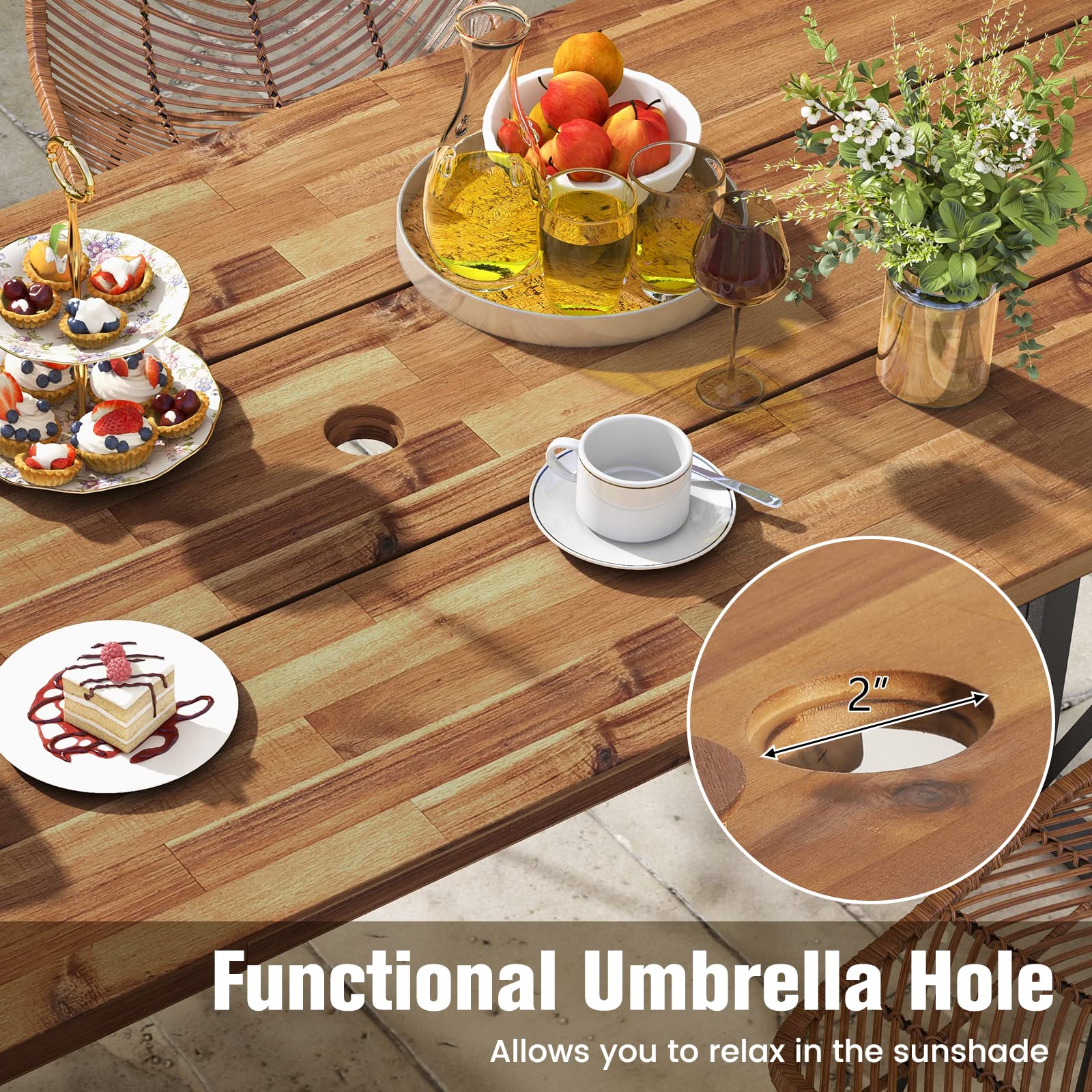 Tangkula 67 Inch Outdoor Dining Table, Acacia Wood Patio Table with 2 Inch Umbrella Hole, Heavy-Duty Metal Frame, Indoor Outdoor Picnic Table for 6 - WoodArtSupply