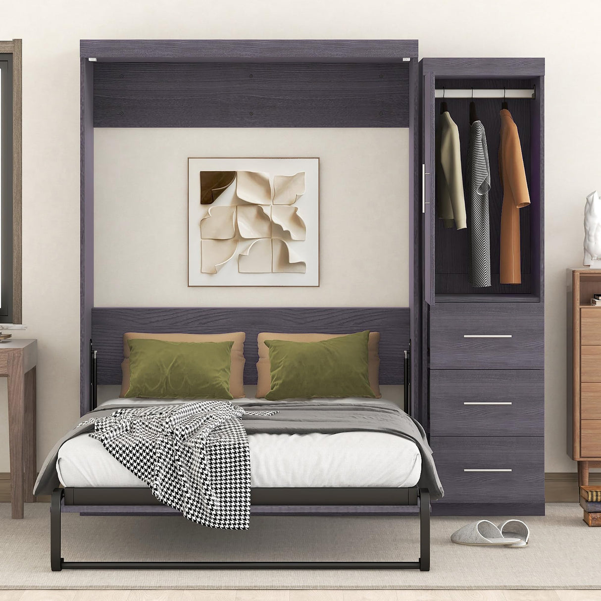 SOFTSEA Full Size Murphy Bed with Wardrobe, Farmhouse Wall Bed Frame with Storage Drawers, Can be Folded into a Cabinet, No Box Spring Needed, Grey SOFTSEA
