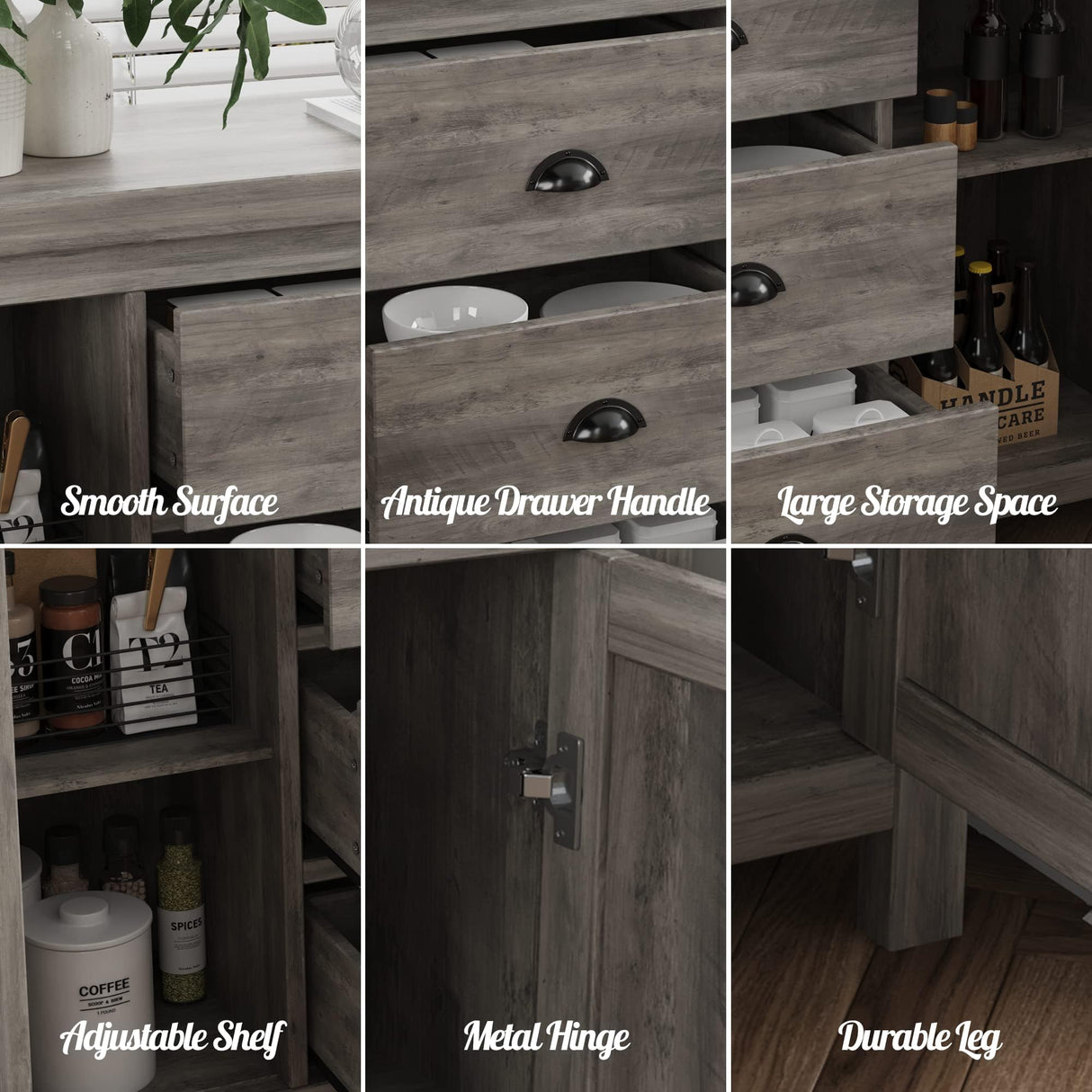 Buffet Sideboards, Kitchen Storage Cabinet, Large Storage with 3 Drawers and 2 Doors Sideboard, Farmhouse Coffee Bar Cabinet with Retro Cabinet Handles, Adjustable Shelf for Living Room, Ash Grey GAOMON