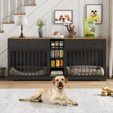 GarveeHome 82” Double Dog Crate Furniture, Large Dog Kennel Indoor for 2 Dogs, Heavy Duty Wooden Dog Crate TV Stand with 4 Drawers and Shelves, Black GarveeHome