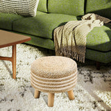 Cpintltr Round Seagrass Ottoman Footstool Handwoven Water Hyacinth Pouf with Solid Wood Legs Shoe Changing Stool Sturdy & Stylish Footrest for Living Room Balcony or Garden White Cpintltr